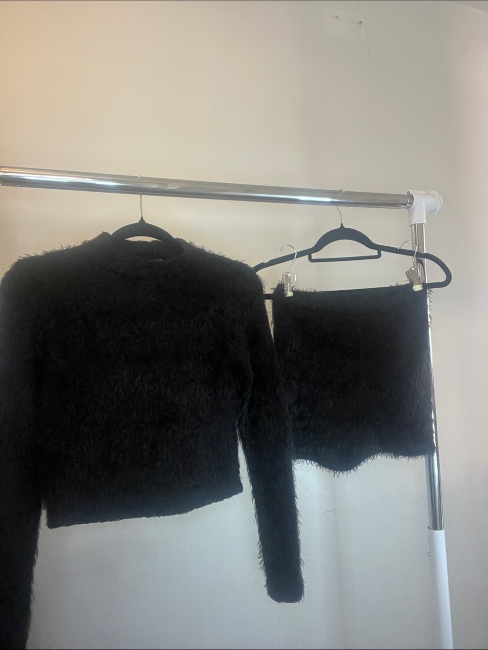 Discovery Black Fuzzy 2 Pc Long Sleeve Cropped Top with Matching Short Set